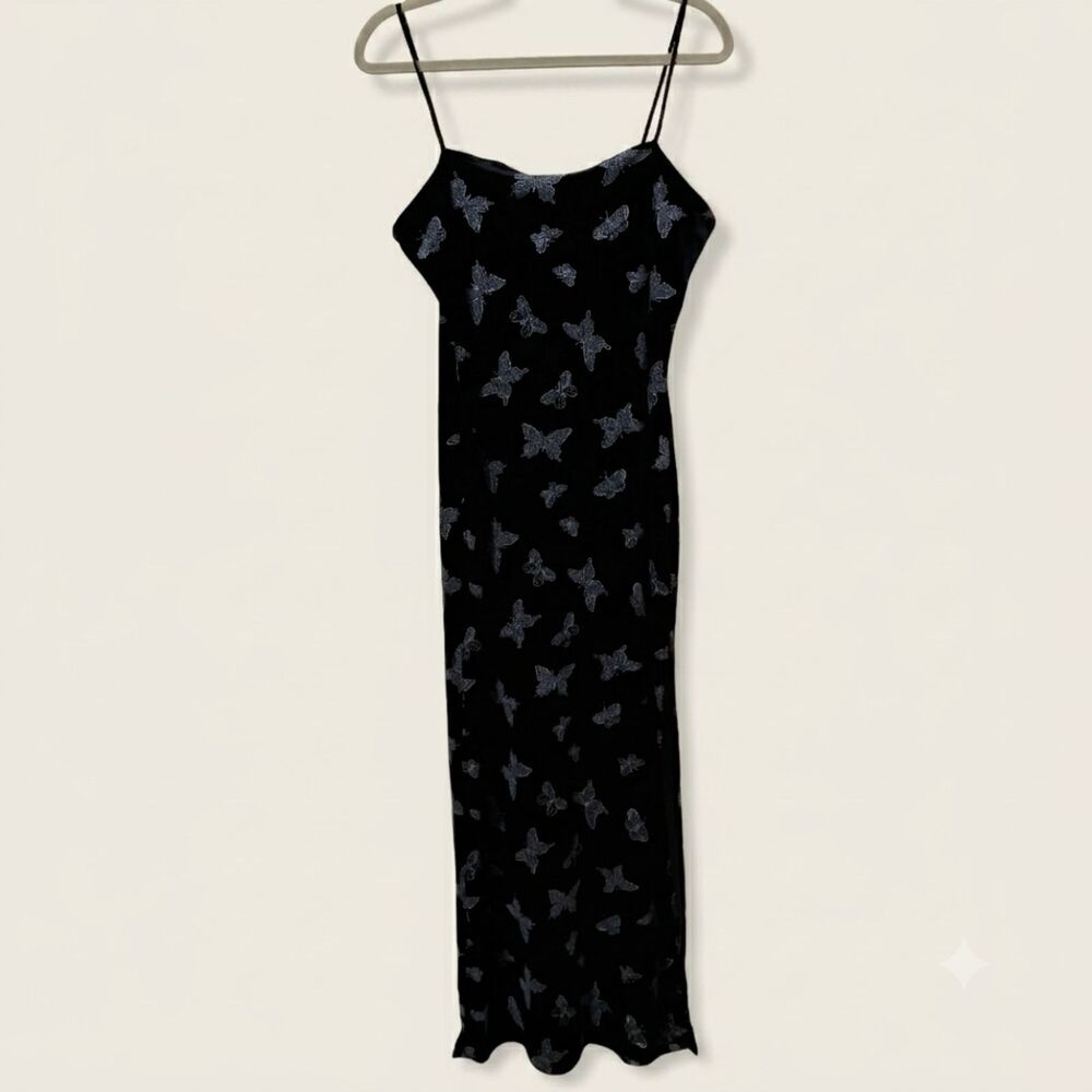 Vintage 90s Chesley Black Velvet Butterfly Maxi Slip Dress Size L